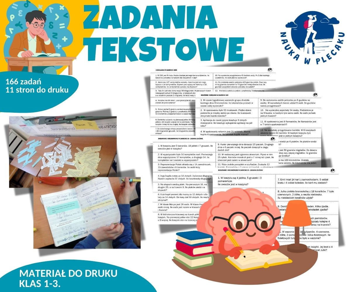 Zadania tekstowe dla klas 1-3 - materiały do druku